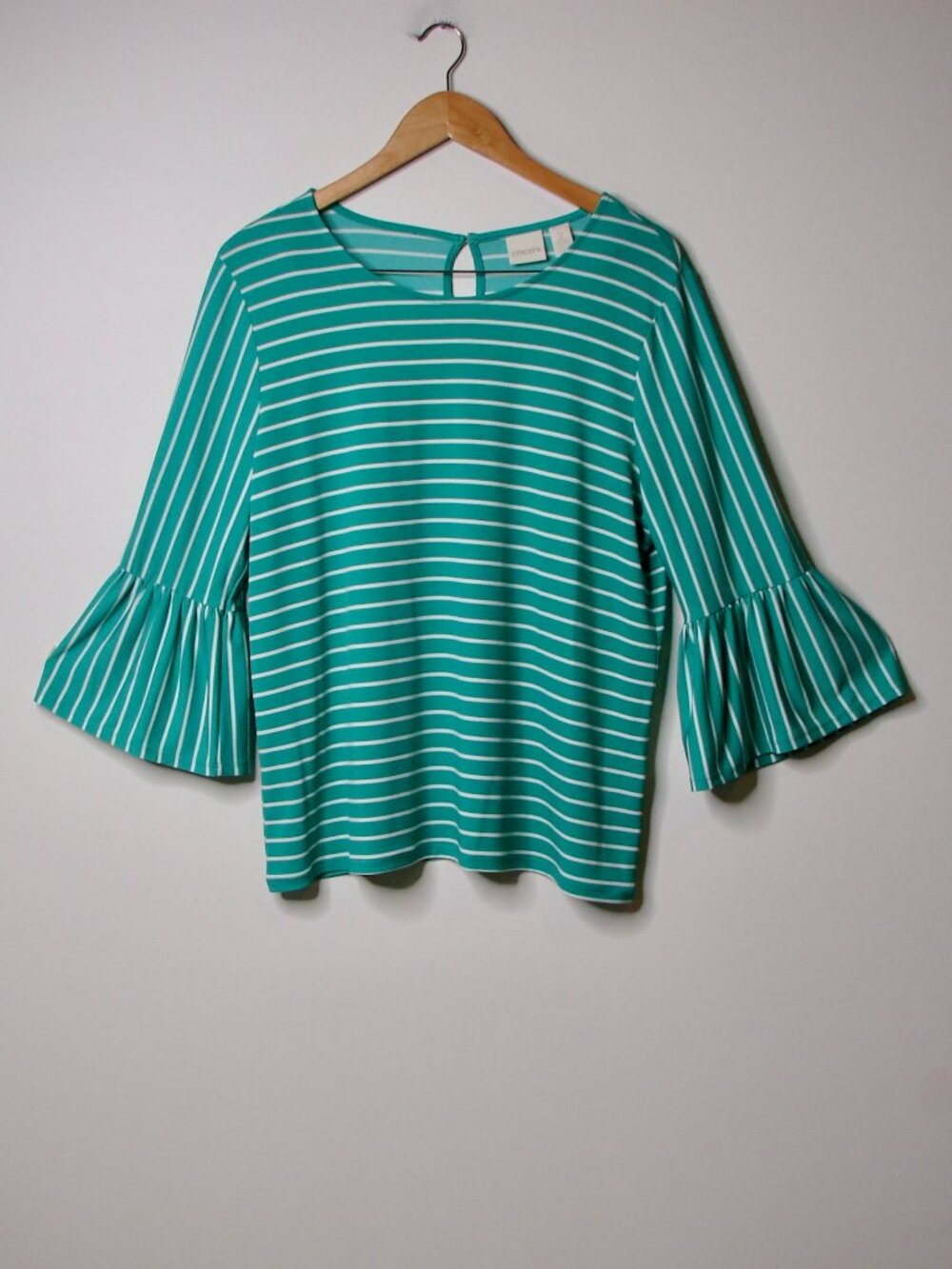 Chico's Green White Striped Tunic Blouse Ruffle Wide Bell Sleeves Size 2 2X NEW